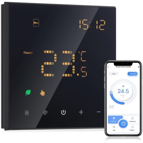 Thermostat Connecté radiateur Electrique,WiFi Thermostat programmable, Montage Mural, Télécommande 16A Tuya