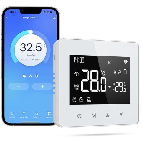 Thermostat Connecté, Thermostat Sans Fil, Compatible avec Alexa et Google Home, Thermostats Chaudiere Gaz, Thermostats Connecte Intelligent WiFi avec Écran LED Tactile, Commande Vocale et Distance (B)