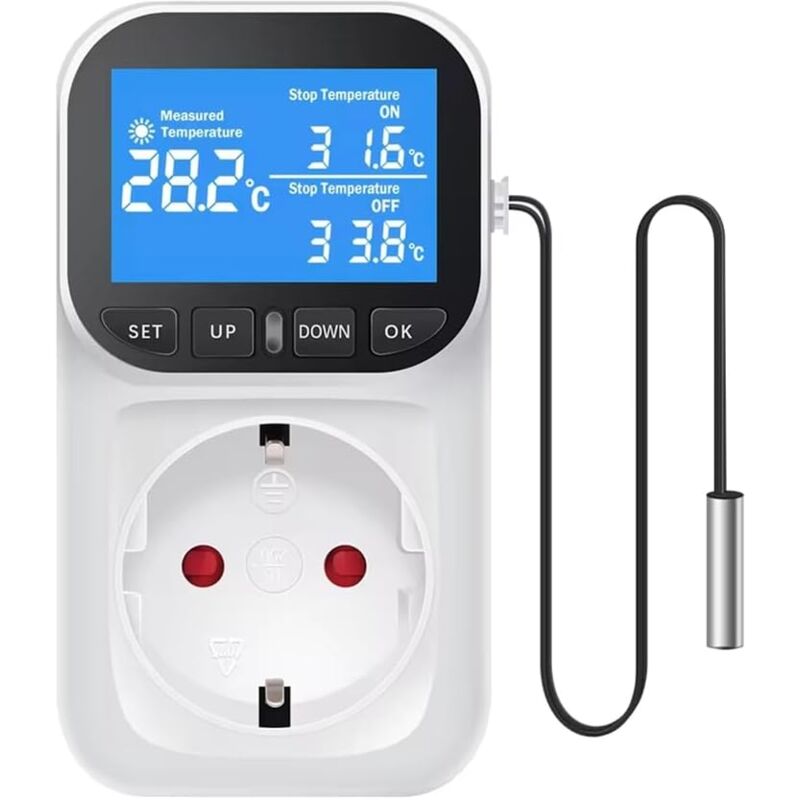Thermostat de Sortie de Régulateur de Température Numérique avec Sonde de Capteur de Temps, Interrupteur de Refroidissement et de Chauffage, Prise Ue