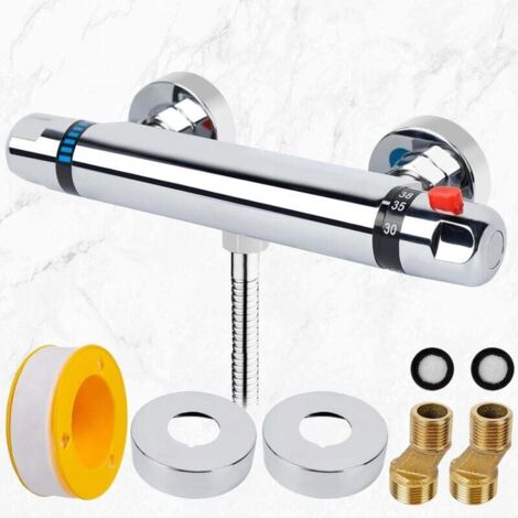 Thermostat-Duscharmatur, 150 mm, Thermostat-Duscharmatur mit Sicherheitsverriegelung, 38 °C, Wandmontage, Messing/Chrom-Finish, Temperaturregelung (20–50 °C), Thermostatarmaturen