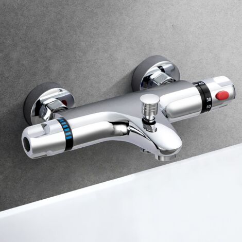 Thermostat-Dusche, Thermostat-Wannenmischer aus Messing, Thermostat-Duscharmatur mit Sicherheitsknopf 38 °C, Thermostat-Duschmischer mit 2 Wasserauslässen