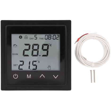 Thermostat für Heizsysteme im Haushalt, LED-Touchscreen, Fußbodentemperaturregler, AC85V-250V, 16A, schwarz.