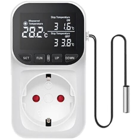 Thermostat intelligent à écran tactile numérique haute précision pour aquarium, prise murale blanche.