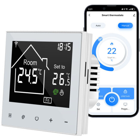 Thermostat intelligent WiFi 16A pour plancher chauffant électrique – Programmation hebdomadaire – Écran LCD tactile rétroéclairé