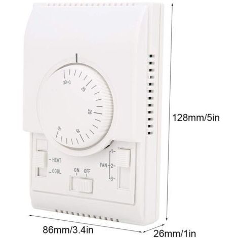 Thermostat mural 220 V CA, plage de température 10-30 ℃, 2 modes de chauffage/refroidissement, 3 vitesses de ventilation, avec ventilateur mécanique.