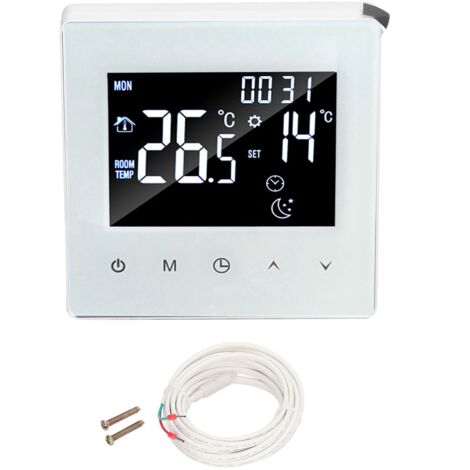 Thermostat Numérique Programmable pour Plancher Chauffant avec Sonde 3m, AC90‑240V, Blanc, sans WiFi – Maison, Bureau, Hôtel