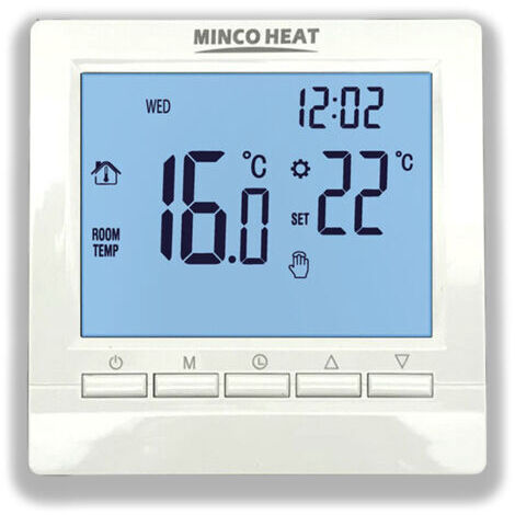Thermostat programmable 3A avec affichage LCD numérique et rétroéclairage bleu.