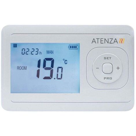 Thermostat programmable filaire pour chaudière – Alimentation 2 piles AAA – Écran LCD – Programmation 4 périodes – Montage en saillie – Atenza