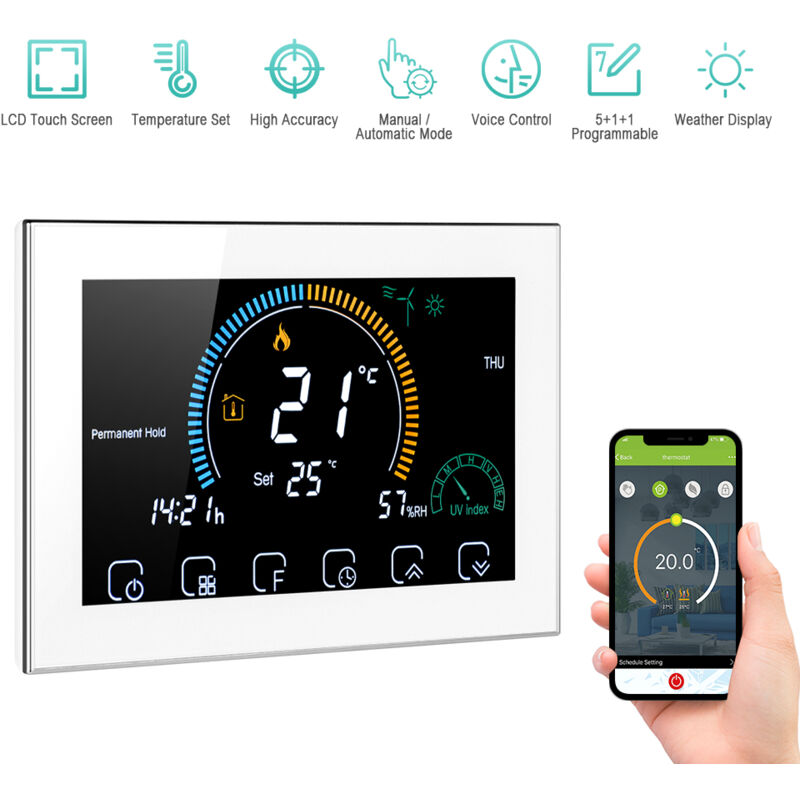Lifcausal - Thermostat programmable intelligent Wi-Fi 95-240 v 5 + 1 + 1 Six périodes Contrôle vocal par application Rétroéclairage lcd Chaudière à