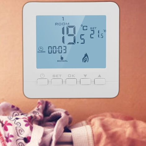 Thermostat Programmable LCD - Contrôleur de Température Intelligent 5A ABS Blanc 8.6cm avec Mode Vacances et Protection Enfant