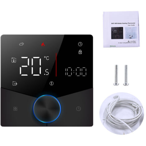 Thermostat sans fil pour appareils de chauffage électrique domestiques, compatible avec une application et un assistant vocal, équipé d'un écran tactile numérique LED couleur.