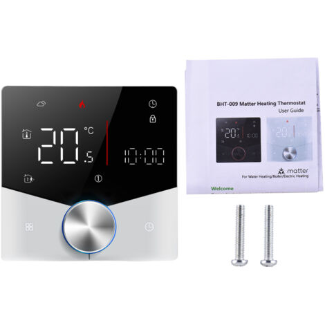 Thermostat sans fil pour systèmes de chauffage à chaudière à eau/gaz, avec application et assistant vocal, écran tactile numérique LED couleur et boutons réglables.