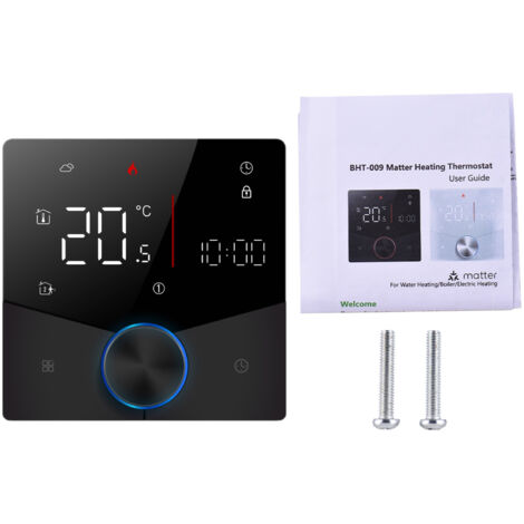 Thermostat sans fil pour systèmes de chauffage à chaudière à eau/gaz, compatible avec les applications et les assistants vocaux, doté d'un écran tactile numérique LED couleur.