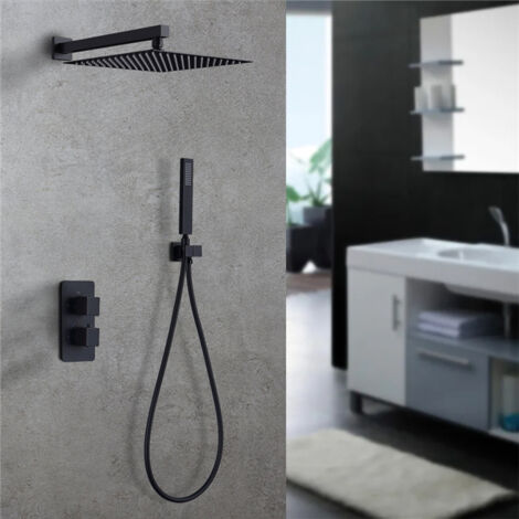 Thermostat Unterputz Duschsystem Schwarz Regendusche Duschset Duscharmatur Badezimmer Kopfbrause Handbrause mit Messing Thermostat 38℃ Duschset Unterputz, Schwarz