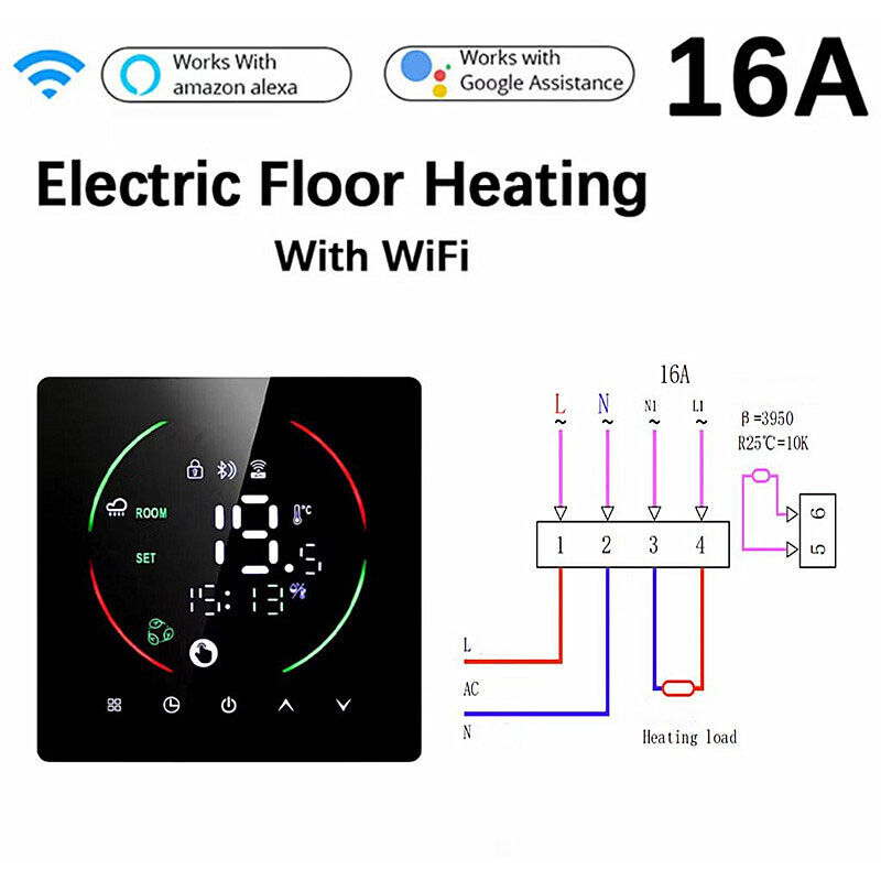 Thermostat WiFi intelligent 16 A AC 90 V-240 V avec écran couleur tactile intelligent programmable pour chauffage électrique, application Tuya,