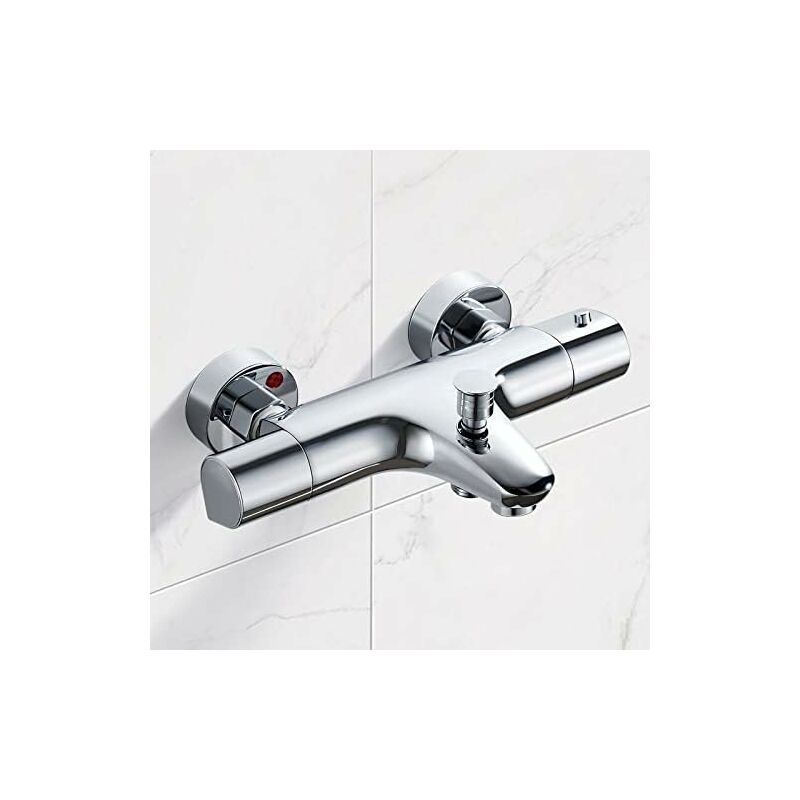 Thermostatic Bath Mixer, Thermostatic Bath Shower Mixer in brass, with safety button at 38℃, Thermostatic Bathtub Faucet with 2 water outlets, Chrome