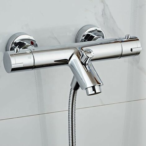 Thermostatic bath shower mixer, modern thermostatic bar shower mixer, exposed mounted thermostatic shower valve with bath spout, 38°C safety lock anti-scald, deck mounted