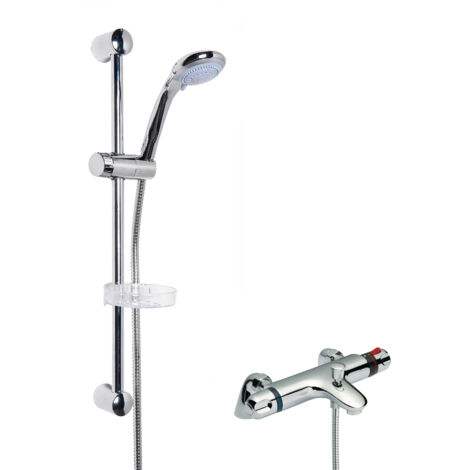Thermostatic Bath Shower Mixer Tap & Multi Function Round Handset Slide Rail Kit Bundle - Chrome - Balterley