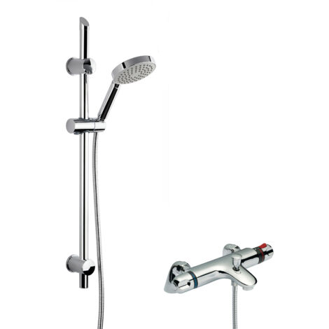 Thermostatic Bath Shower Mixer Tap & Single Function Handset Slide Rail Kit Bundle - Chrome - Balterley