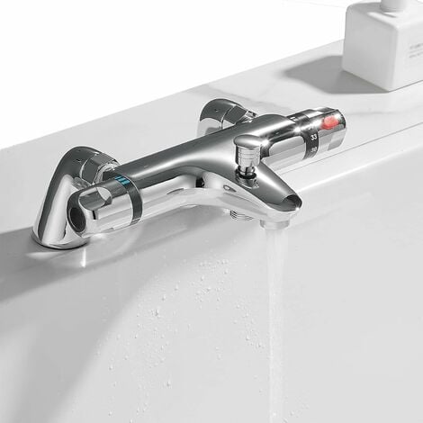 DAYPLUS Thermostatic Bath Shower Mixer Valve Deck Mounted with Legs, Solid Brass Body Chrome Plated, Easy to Control Water Flow and Temperature from 30-45°C, Safety Button Temperature 38°C