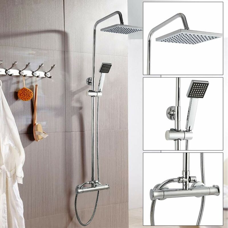 Thermostatic Bathroom Modern Chrome Stainless Steel Shower Rainfall Mixer Valve Bath Deck Tap Hand-held Shower w/Twin Square Head Valve, Head Top
