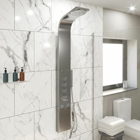 main image of "Thermostatic Brushed Steel Finished Shower Tower Panel 4 Body Jets 2 Twin Heads"