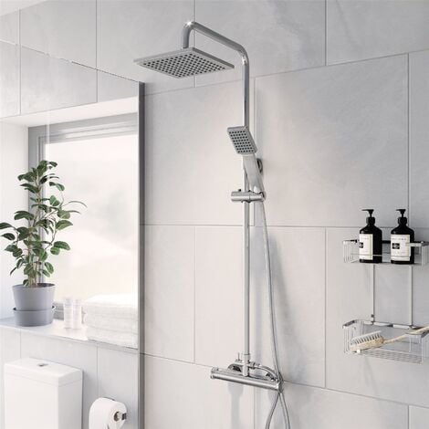 Thermostatic Mixer Shower Set Square Chrome Twin Head Exposed - Silver