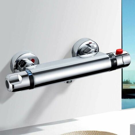 Thermostatic shower mixer, Anti-scalding with 38° safety button Thermostatic shower mixer, Thermostatic shower mixer in chromed brass