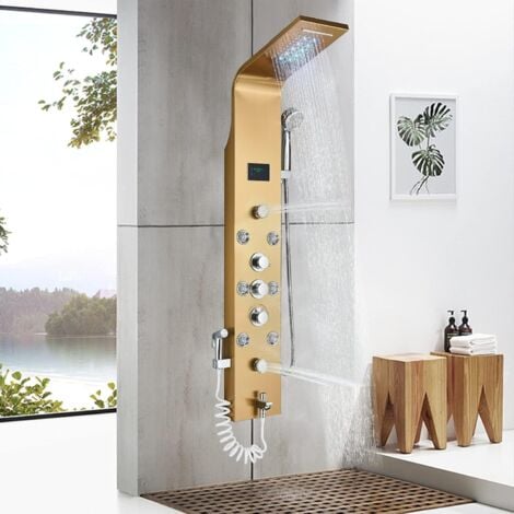 Thermostatic Shower Mixer Set Gold LED Shower Panel Six Functions Shower Column Rain Waterfall Shower Massage Spa Tub Shower With Bidet Bath Taps