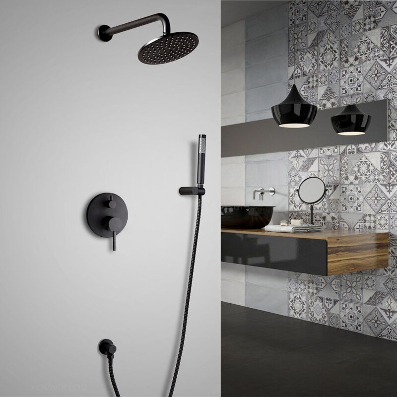 Wall mounted thermostatic shower set with black finish handshower 200 mm wall support