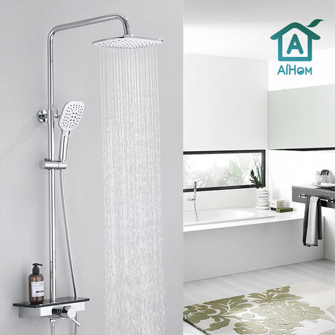 main image of "Thermostatic Shower System with shelf, Shower Faucet Set for Bathroom with High Pressure 10" Rain Shower head and 3 Setting Handheld Shower Head Set"