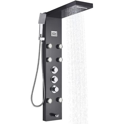 ZAMERY Thermostatic Shower Tower Panel Black Temperature Screen 5 Functions,Rainfall and Waterfall Shower Head+Hand Sprayer+Massage Jets+Tub Spout,3 Handles Thermostatic Control