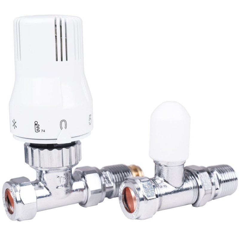 Thermostatic Straight 15mm Radiator Valve and Lockshield with 15-10mm Reducer