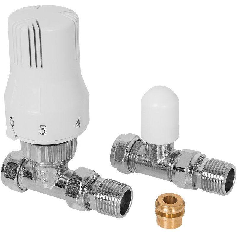 Thermostatic Straight 15mm Radiator Valve and Lockshield with 15-8mm Reducer