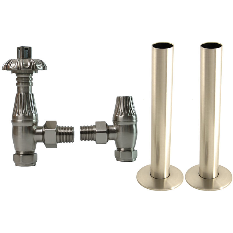 NRG - Thermostatic trv Traditional Radiator Angled Valves Pipes Collars Satin Nickel