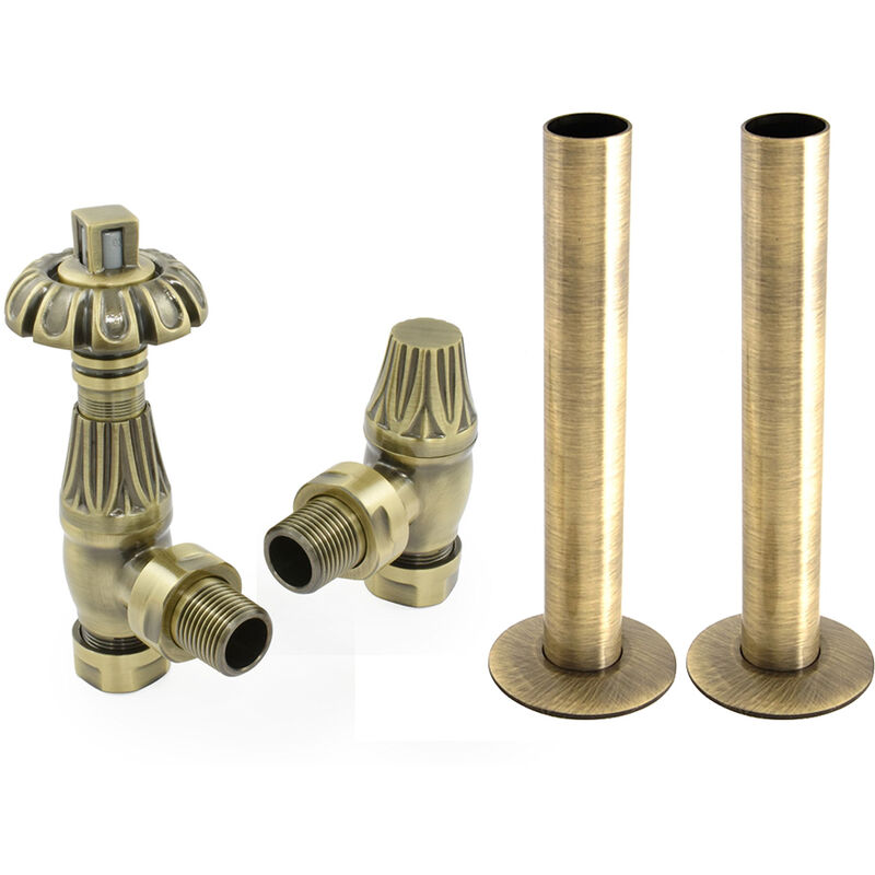 Thermostatic trv Traditional Radiator Angled Valves Pipes Collars Polished Antique Brass