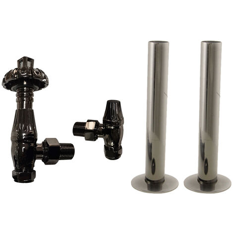 Thermostatic TRV Traditional Radiator Angled Valves Pipes Collars Black Nickel