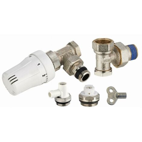 NOYON & THIEBAULT Thermostatischer Heizkörper-Komplettsatz bestehend aus 1 thermostatischem Eckventil mit Außengewinde M1/2' (15x21) + Einstellbogen mit Außengewinde M1/2' + 1 Ablassventil mit schwenkbarem Auslauf M1/2