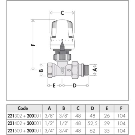 Thermostatisches Ventil mit 1/2" geraden Anschlüssen Caleffi 221402  1/2"