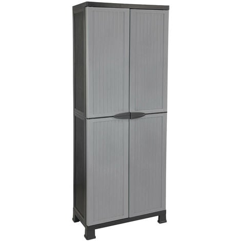 Thinia home - Armario de Resina Alto Almacenaje Escobero, Exterior e Interior, Jardín y Terraza, 4 Baldas, 2 Puertas, 60kg Carga Máxima, Dimensiones 39x68x171cm (largo x ancho x alto), Gris o Negro