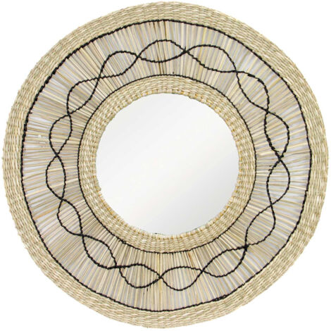 Thinia Home - Espejo Pared Decorativo Bask, Algas Marinas, Comedor, Salón, Recibidor y Pasillo, Dormitorio, Interior, Diseño Boho, Ambiente Mediterráneo, Redondo, Dimensiones Ø55cm, Natural/Negro