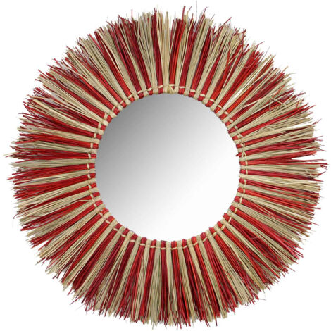 Thinia Home - Espejo Pared Decorativo Meer, Alga Marina, Comedor, Salón, Recibidor y Pasillo, Dormitorio, Interior, Diseño Boho, Ambiente Mediterráneo, Redondo, Dimensiones Ø76cm, Natural/Rojo o Negro