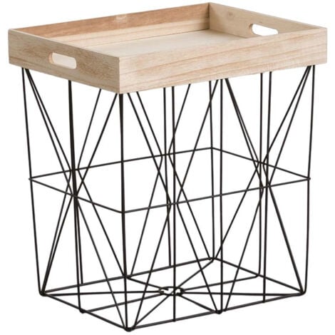 ORION91 Thinia Home - Mesita Auxiliar Cuadrada Tray, Metal/Madera Paulownia, Hogar, Salón, Comedor, Dormitorio, Recibidor, Cesta de Almacenaje, Tapa Extraíble, Diseño Industrial, 41,5x32x47cm, Beige/Negro