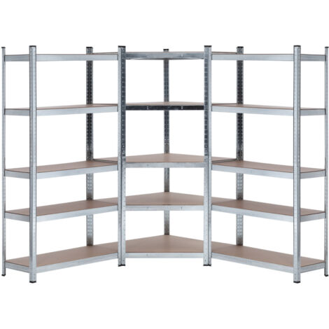 THINIA HOME - Pack 2 Estanterías Modulares + 1 Estantería Esquinera, Acero y MDF Antihumedad, Hogar, Trastero, Garaje, Taller, Comercio, 5 Baldas Ajustables, Carga Máx. 875Kg (x3)