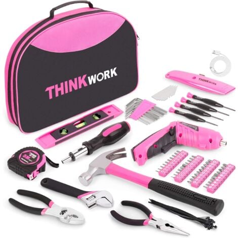 THINKWORK Ensemble d'outils rose de 122 pièces avec tournevis électrique rotatif 3,6 V, kit d'outils pour la maison pour femme avec pochette ronde facile à transporter, kit d'outils rose pour femme po