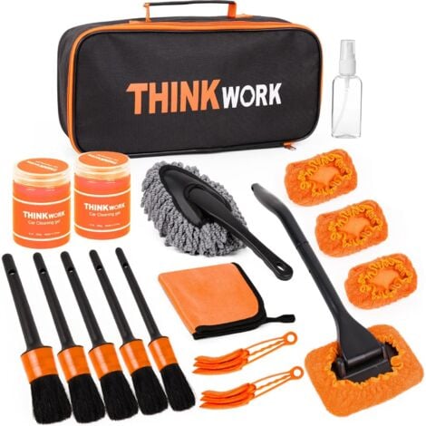 THINKWORK Kit de dépoussiérage de voiture 17 pièces, kit de dépoussiérage parfait pour l'intérieur et l'extérieur, brosse de détail, gel de nettoyage, brosse pour vitres de voiture, brosse à plumeau