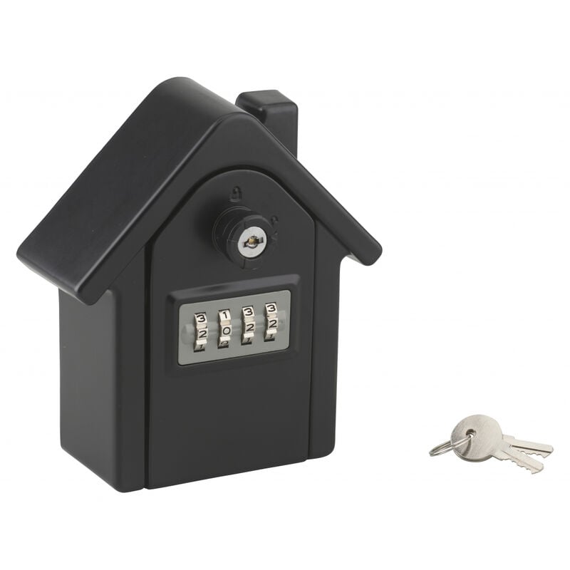 Boite à clé forme maison à combinaison, 4 chiffres, 2 clés de secours, noir satiné