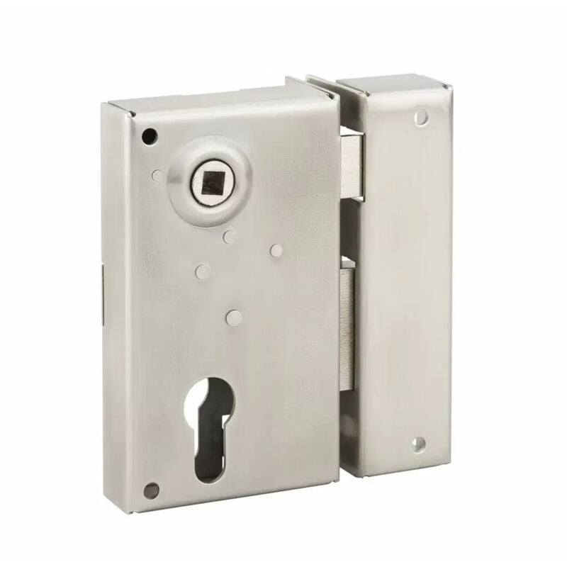 Boitier de serrure verticale en applique double entrée à fouillot pour portail, droite, axe 45mm, 73x125mm, inox