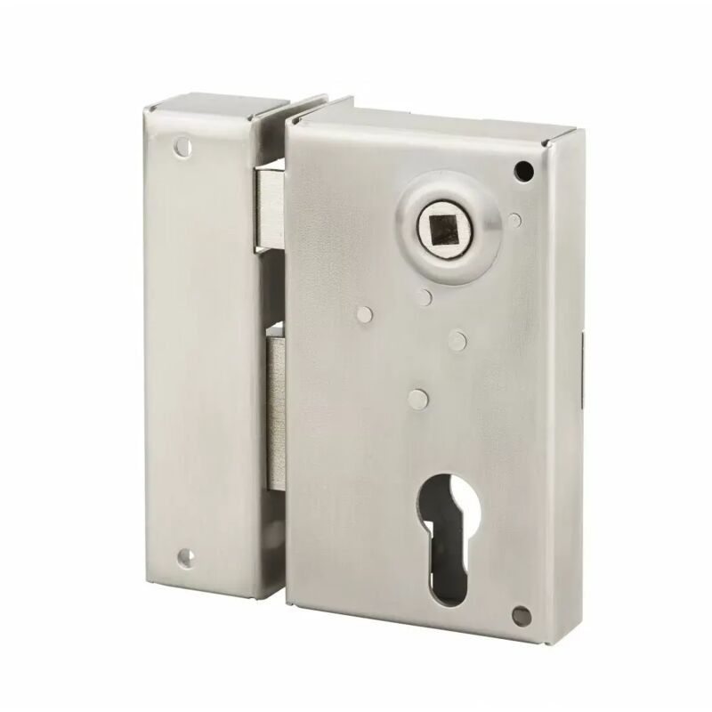 Boitier de serrure verticale en applique double entrée à fouillot pour portail, gauche, axe 45mm, 73x125mm, inox