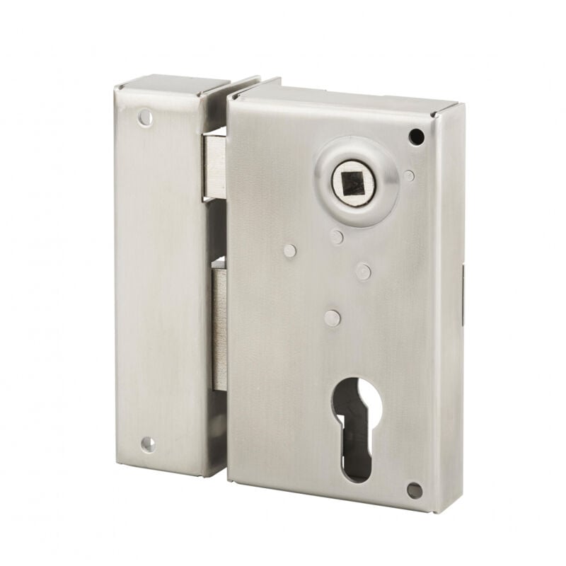 Boitier de serrure verticale en applique double entrée à fouillot pour portail, gauche, axe 45mm, 73x125mm, inox